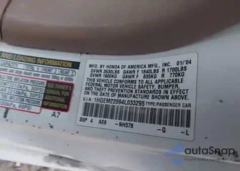 2004 Honda Civic Ex z USA, uszkodzony, nr VIN 1HGEM22094L033295